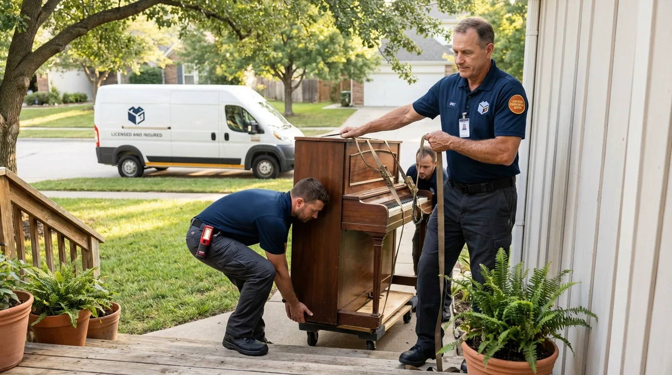 Licensed piano movers securing grand piano in Breaux Bridge, LA