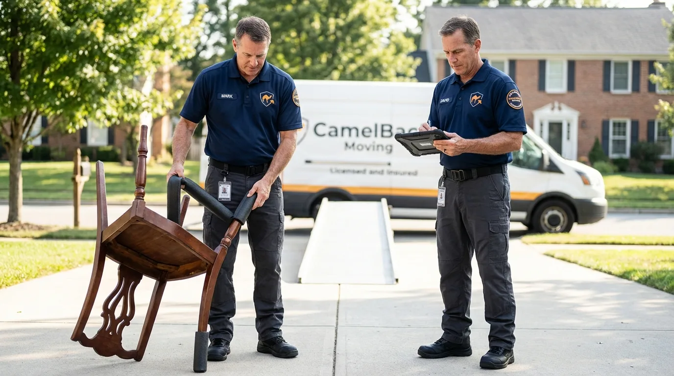Movers inspecting furniture for damage prevention before loading in Breaux Bridge, LA