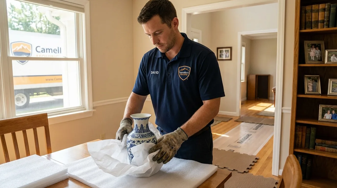 Professional crew carefully wrapping antique vase for senior downsizing move in Breaux Bridge, LA